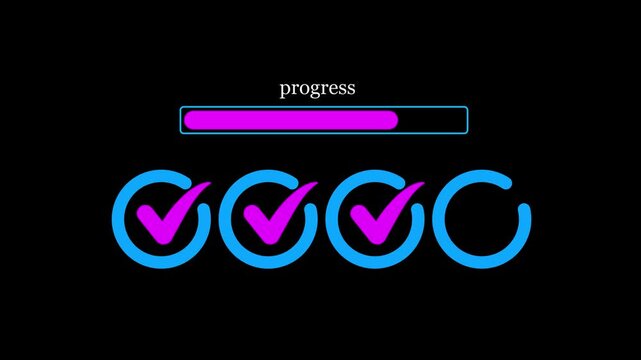 Minimalist blue progress loading bar animation showing a multi step workflow with checkmark check icons on black background for data system update or task completion stock video