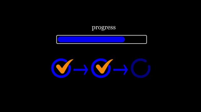 Minimalist blue progress loading bar animation showing a multi step workflow with checkmark check icons on black background for data system update or task completion stock video