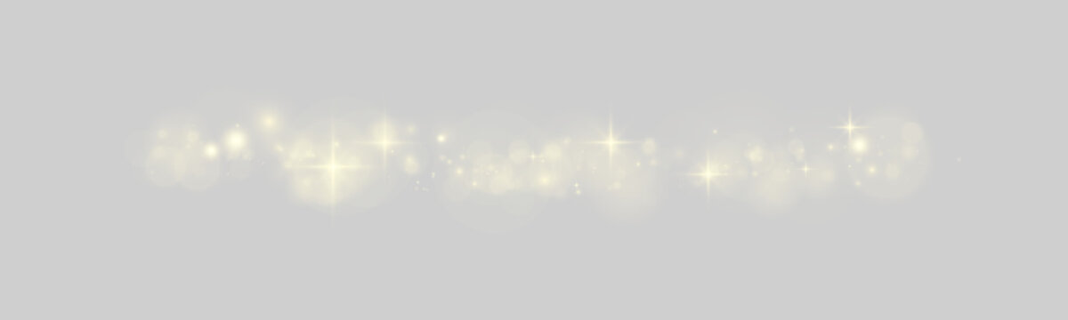 Fairy light particles PNG with golden glitter effect. Soft shining dust creates magical atmosphere. Transparent overlay for creative festive artwork.
