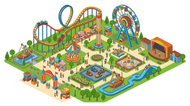 Colorful Isometric Amusement Park with Roller Coaster and Ferris Wheel