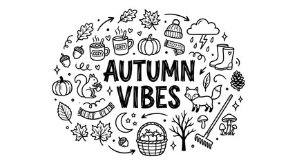 Fototapeta premium Autumn Vibes Seasonal Elements in Black and White Hand Drawn Doodle Style