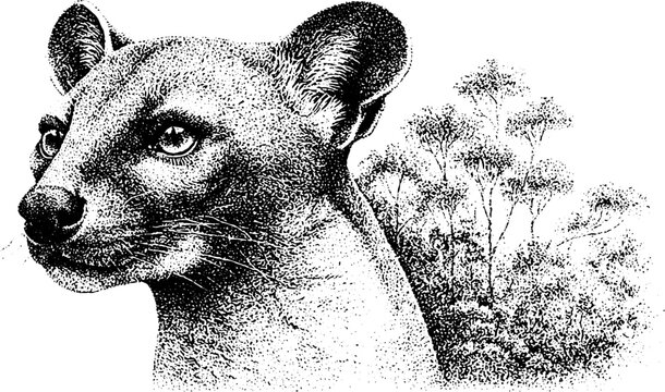 Black and white stippled fossa portrait with forest background and tail detail for wildlife poster and educational design