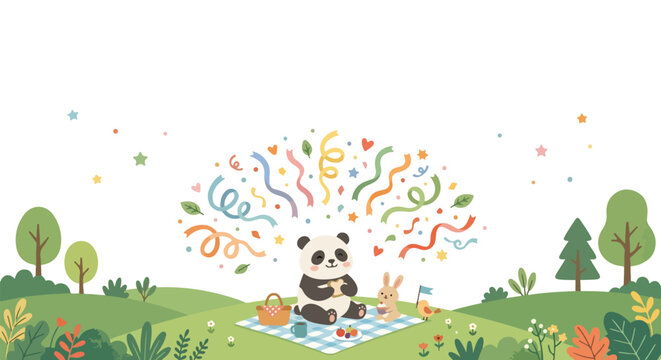 A cute panda and bunny enjoy a cheerful picnic on a checkered blanket in a lush green park, surrounded by festive colorful confetti.