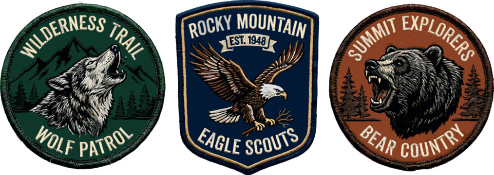 Vintage outdoor adventure patch badges collection featuring howling wolf flying eagle and roaring grizzly bear