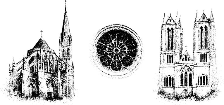 Set of gothic cathedral sketches with separate rose window study and architectural elevations for historical background and educational poster