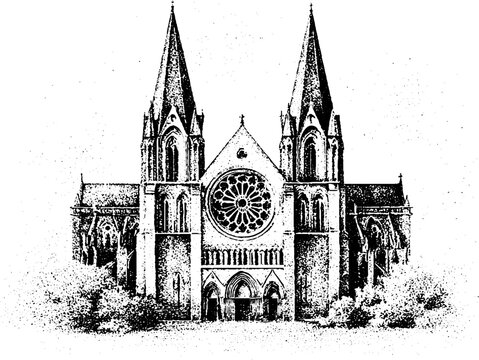 Gothic cathedral facade with rose window and flying buttresses black and white stipple illustration for architectural background and poster design