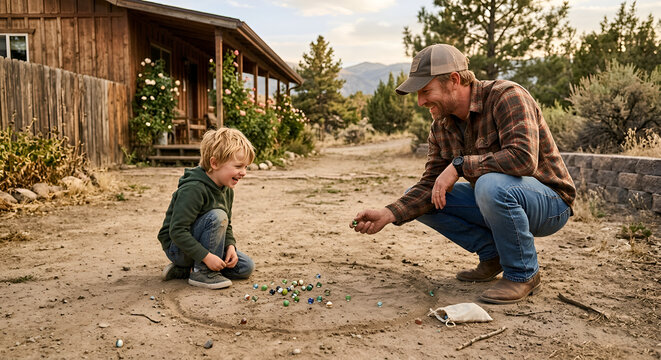 Happy father and young son playing traditional marbles game on dirt ground outside a rustic wooden cabin, family bonding and childhood lifestyle concept