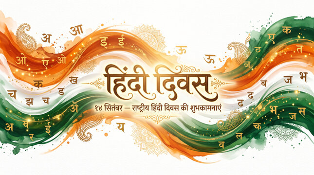 Hindi Diwas Celebration Banner with Tricolor Brush Strokes and Devanagari Typography Design