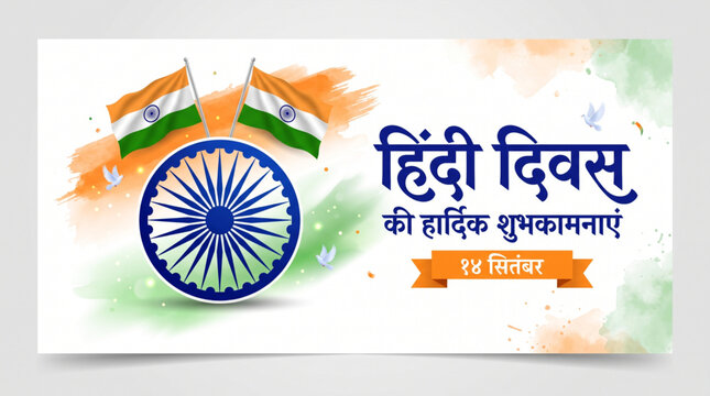 Hindi Diwas Greeting Banner with Indian Flags, Ashoka Chakra and Devanagari Typography