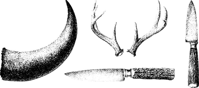 Animal horn antler and carving knives black and white stippling illustration for craft workshop reference and tool study background
