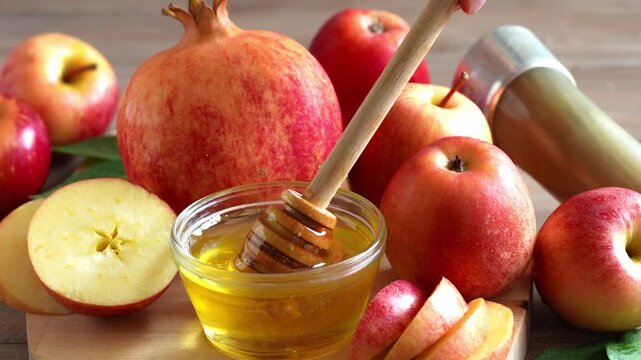 Happy Rosh Hashanah. Jewish New Year holiday concept. Honey dipper in a bown with honey, next to apples, shofar horn and pomegranates.