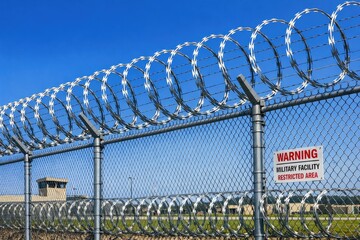 Fototapeta premium Barbed wire fence with a warning sign, cautioning of potential danger or restricted access
