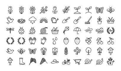 Obraz premium Spring Season Linear Icons Set Nature Floral and Garden Outline Vector Collection