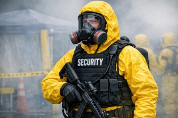 Obraz premium A person wearing a bright yellow uniform and holding a gun, possibly a law enforcement or security officer