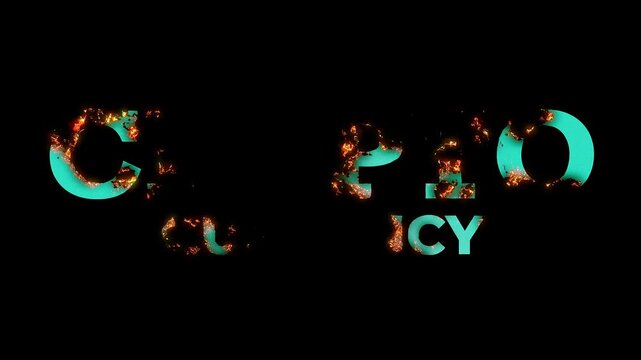 Bold Crypto Currency Text Burning in Intense Fire Flames on a Dramatic Cinematic Black Background