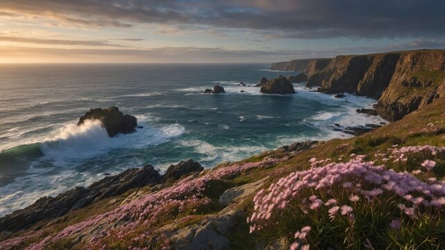 Scenic coastal landscape at sunset featuring rocky cliffs and blooming flowers in the foreground