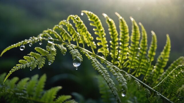 Close-up of a fern leaf adorned with water droplets, set against a blurred green background