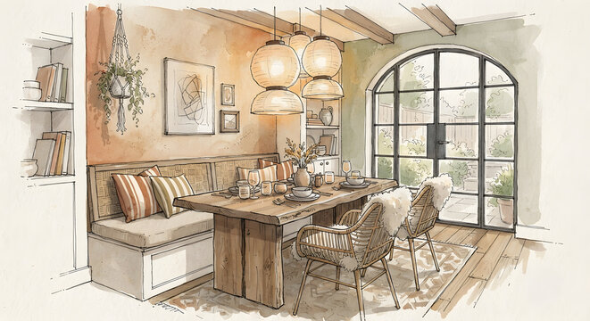 Cozy dining room with rustic wood table and banquette