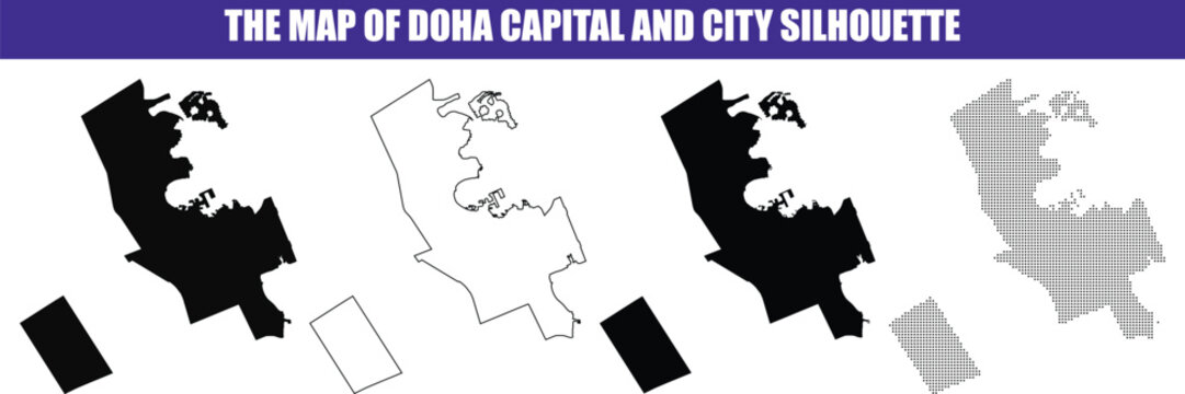 Doha capital city outline and solid silhouette maps during daytime Isolated on white background