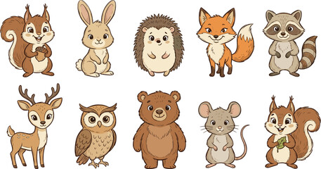 Naklejka premium Cute Cartoon Forest Animal Set with Squirrel, Rabbit, Hedgehog, Fox, Raccoon, Deer, Owl, Bear, and Mouse Vector Design