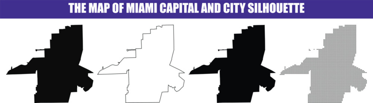 Miami city map outline and solid silhouette variations for urban planning and travel promotions isolated on white background