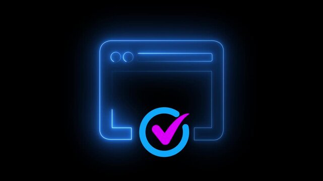 Neon blue glowing web browser interface loop animation with purple checkmark tick sign on black background for successful website verification, data processing or secure loading status indicator stock