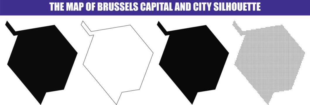 Outline and filled map of Brussels region with city silhouette and pattern variations isolated on white background