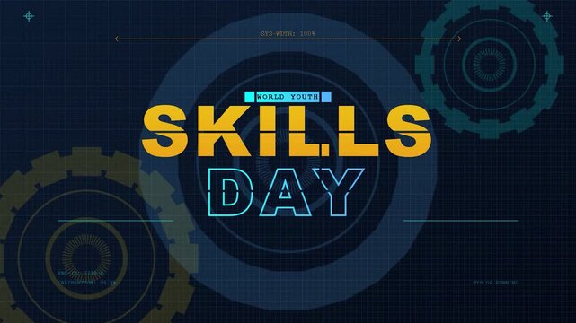 World Youth Skills Day celebration with rotating mechanical gears in futuristic digital HUD technology motion graphics background for vocational training promotion