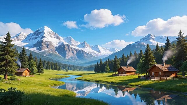 Mountain cabins by a river