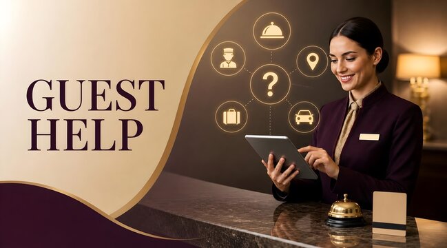 Guest help concierge and receptionist with tablet for hotel service, hospitality and customer support. Woman, travel and professional at lobby desk with icons, booking and assistant for tourism