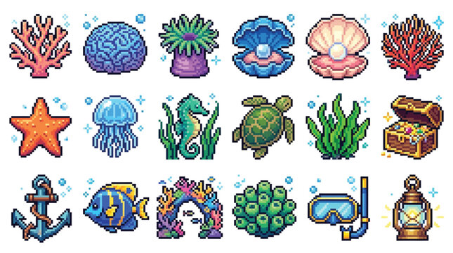 Collection of pixel art icons representing marine life and underwater elements.