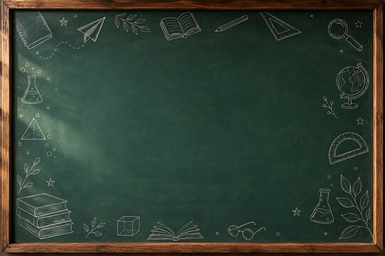 Green chalkboard with sketched educational icons in a border during bright daylight