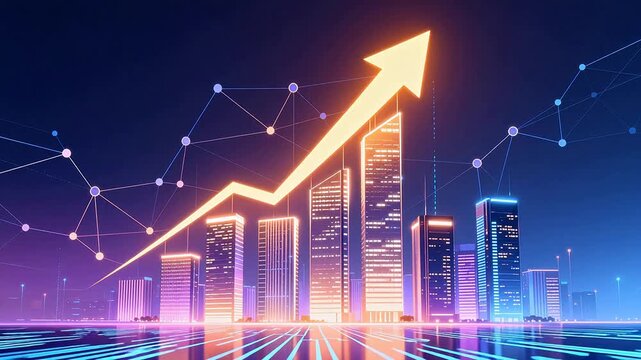 City skyline with upward arrow