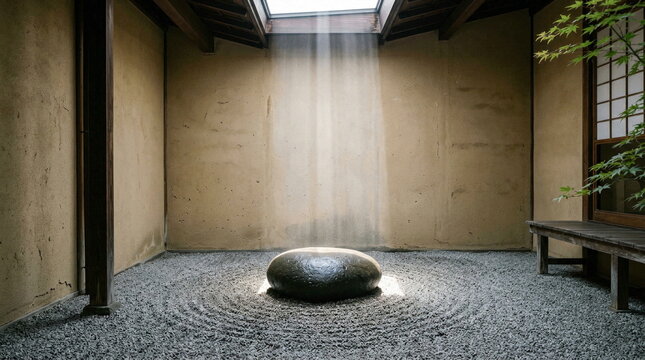 Zen Garden Stone with Light Rays in Raked Gravel Courtyard