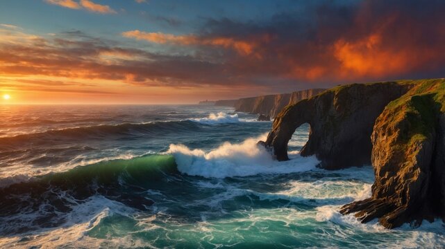 Majestic sunset over rugged coastal cliffs with crashing waves and dramatic sky colors