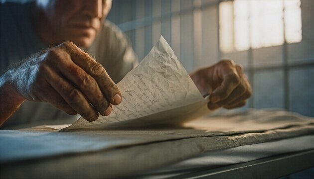 Close up of an inmate hands opening a handwritten letter on a bed inside a prison cell, window bars background, concept of communication, rehabilitation, regret and sentence.
