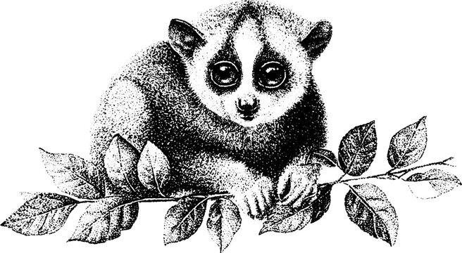 Black and white stippled slow loris curled on a leafy branch for wildlife background and natural history illustration