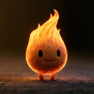 Cute little flame creature character with glowing fire effect