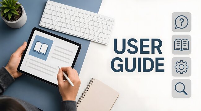 User guide, manual and instructions on tablet for digital documentation, help and support services. Person, hands and stylus with keyboard, book icon and faq for business training or web software.