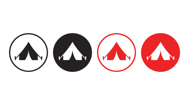 Set of Camping Tent Icons in Black and Red Circular Frames