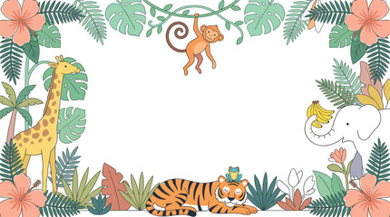 Cute Jungle Animal Border Frame with Giraffe, Elephant, Tiger, Monkey, and Tropical Flowers and Leaves for Kids Design Vector