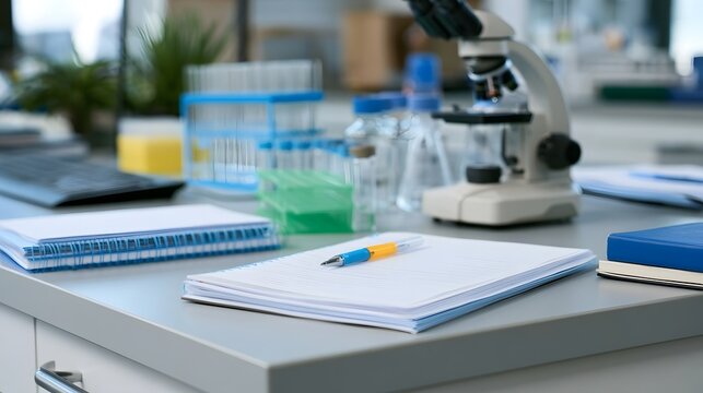 A clean laboratory work surface with microscope  notebooks  pens  test tubes and scientific equipment arranged for research