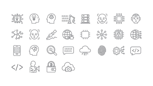 Advanced artificial intelligence machine learning and big data outline icons for modern tech concepts