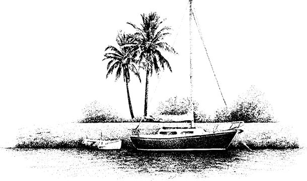 Sailboat and dinghy by palm trees stippling black and white background for seaside banner and nautical poster design