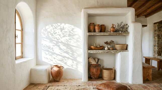 Rustic Mediterranean Interior with Terracotta Vases and Natural Light