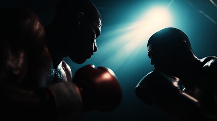 Obraz premium Intense boxing match between two athletes, dramatic lighting highlighting the focus and determination of the fighters