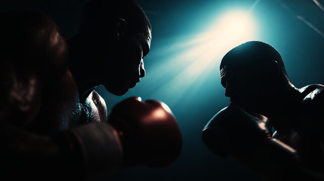 Intense boxing match between two athletes, dramatic lighting highlighting the focus and determination of the fighters