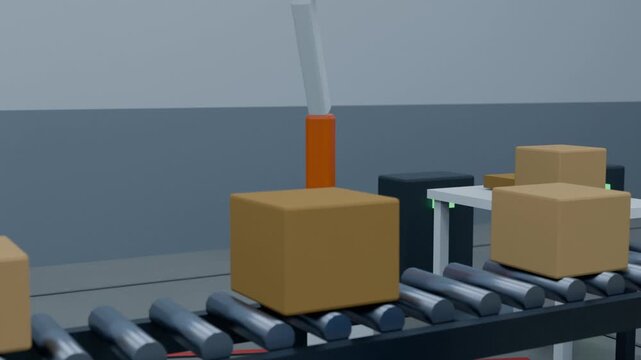 Conveyor moving cardboard boxes left, orange white robotic arm rotating down for sorting in factory