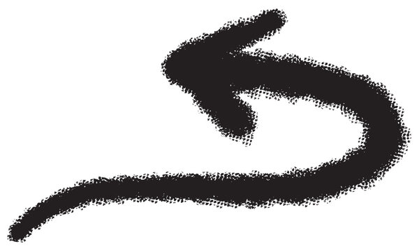 Hand drawn black curved left arrow with rough crayon texture