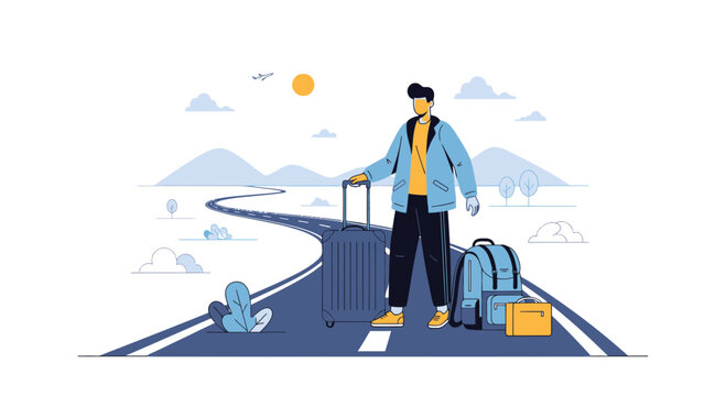 Man with luggage on road, travel concept, journey beginning, modern illustration